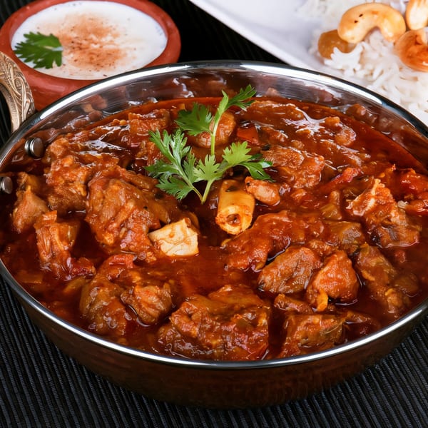 A close-up of Nepalese mutton curry in a metal bowl, with rice and yogurt in the background.
