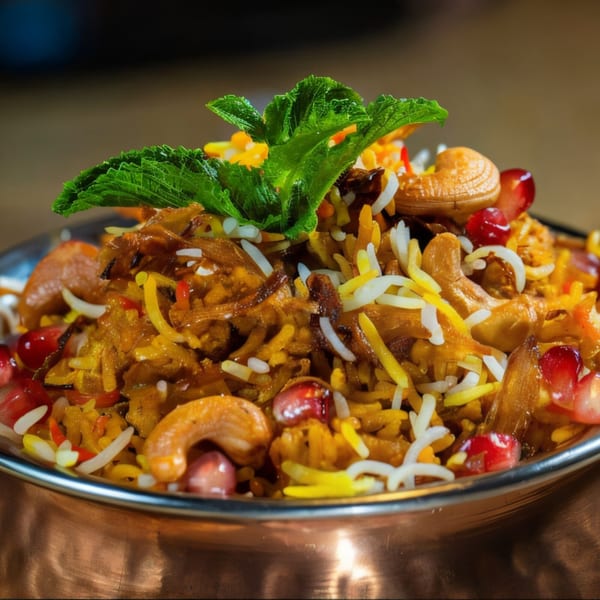Nepalese biryani with cashews, pomegranate seeds, and mint in a copper bowl.