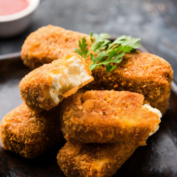 Crispy fried paneer cheese fingers, one broken open to show the soft white interior, garnished with cilantro.